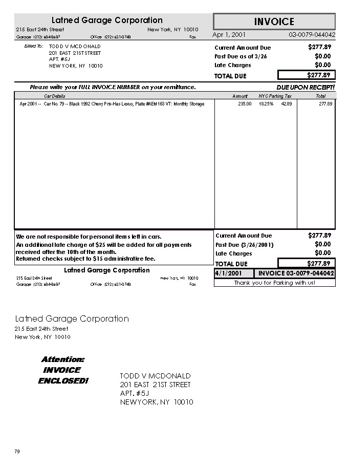 Parking Garage Customer Management Customer Invoice Preview